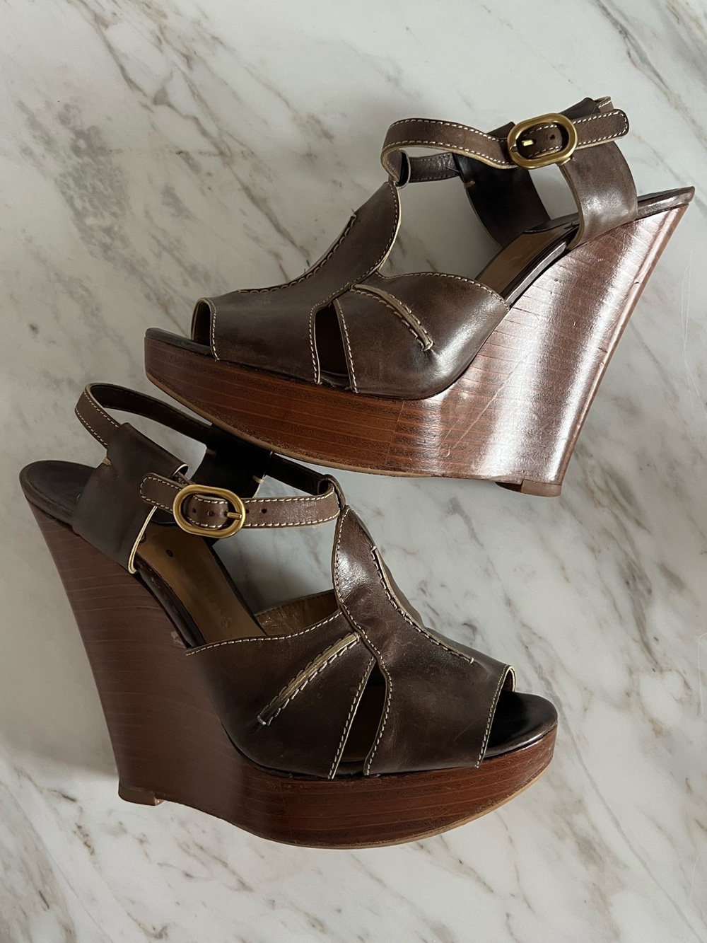 Chloe Brown Nougat Leather Wedge Platform Sandals Size US9 WU 39